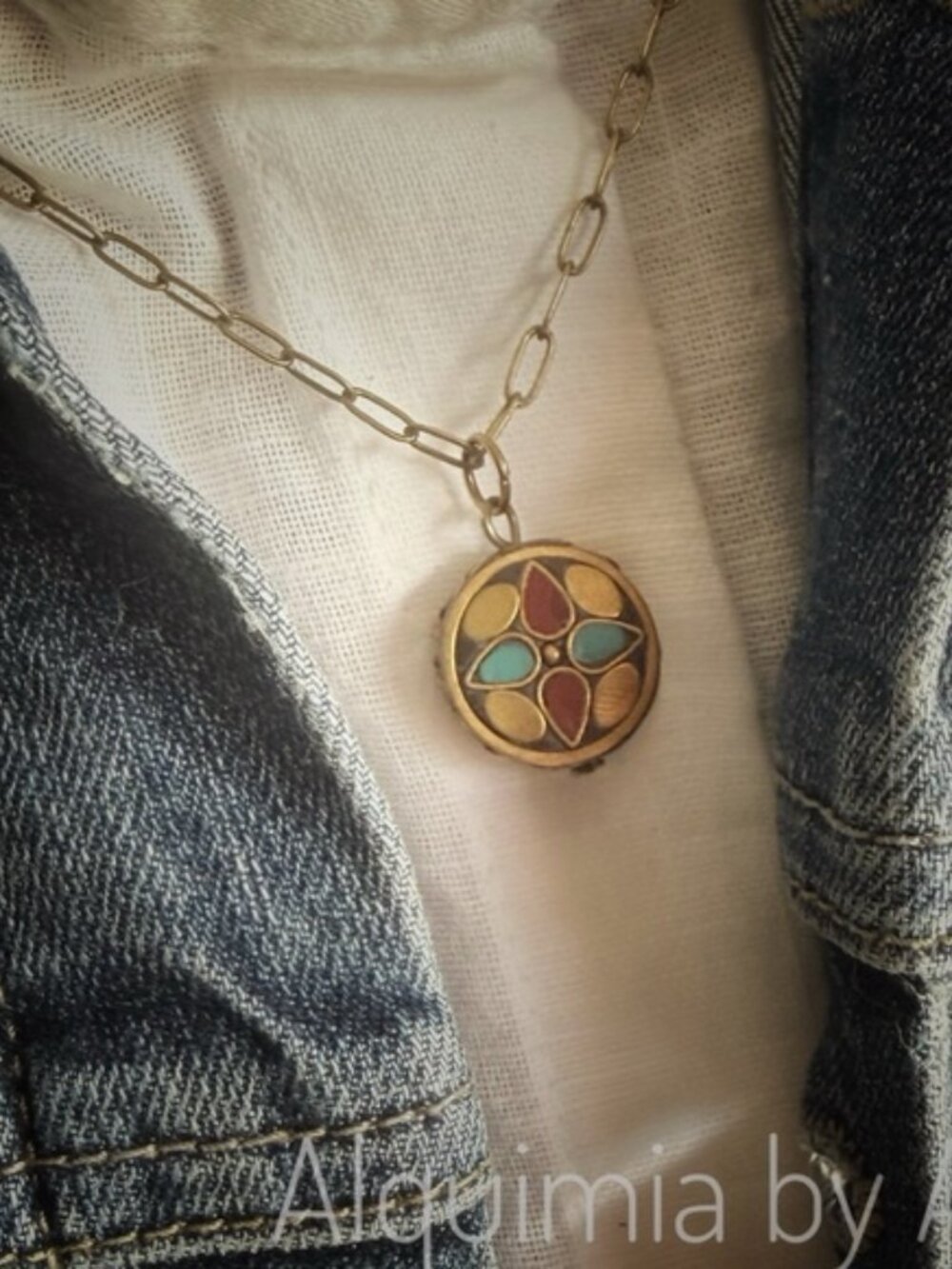 Fall Essential + Turquoise and coral mandala in bronze + Boho Necklace